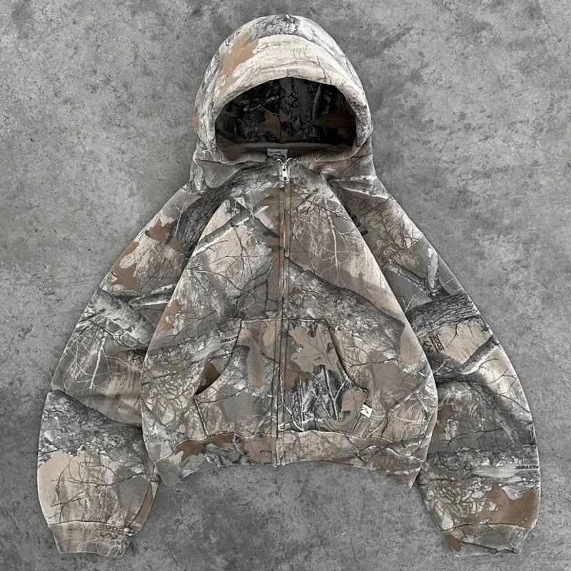 Y2K Retro Zip Up Hoodie Camouflage Pattern Zipper Sweatshirt