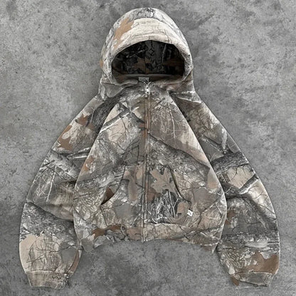 Y2K Retro Zip Up Hoodie Camouflage Pattern Zipper Sweatshirt