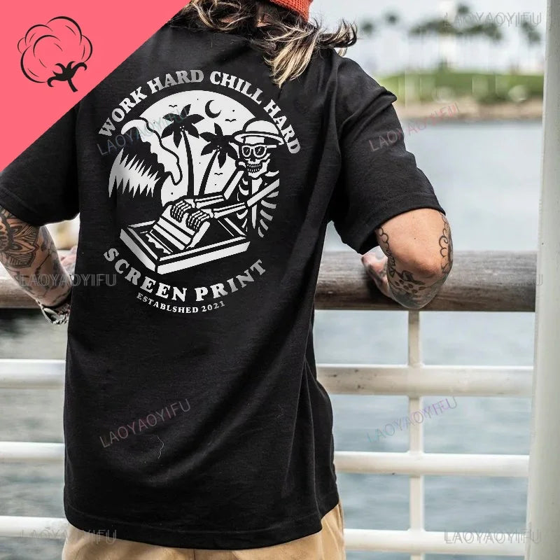 Cool Biker Drinking Beer Skull Graphic Cotton Tshirts