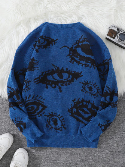 New Popular Abstract Eye Jacquard Pattern Pullover Sweater