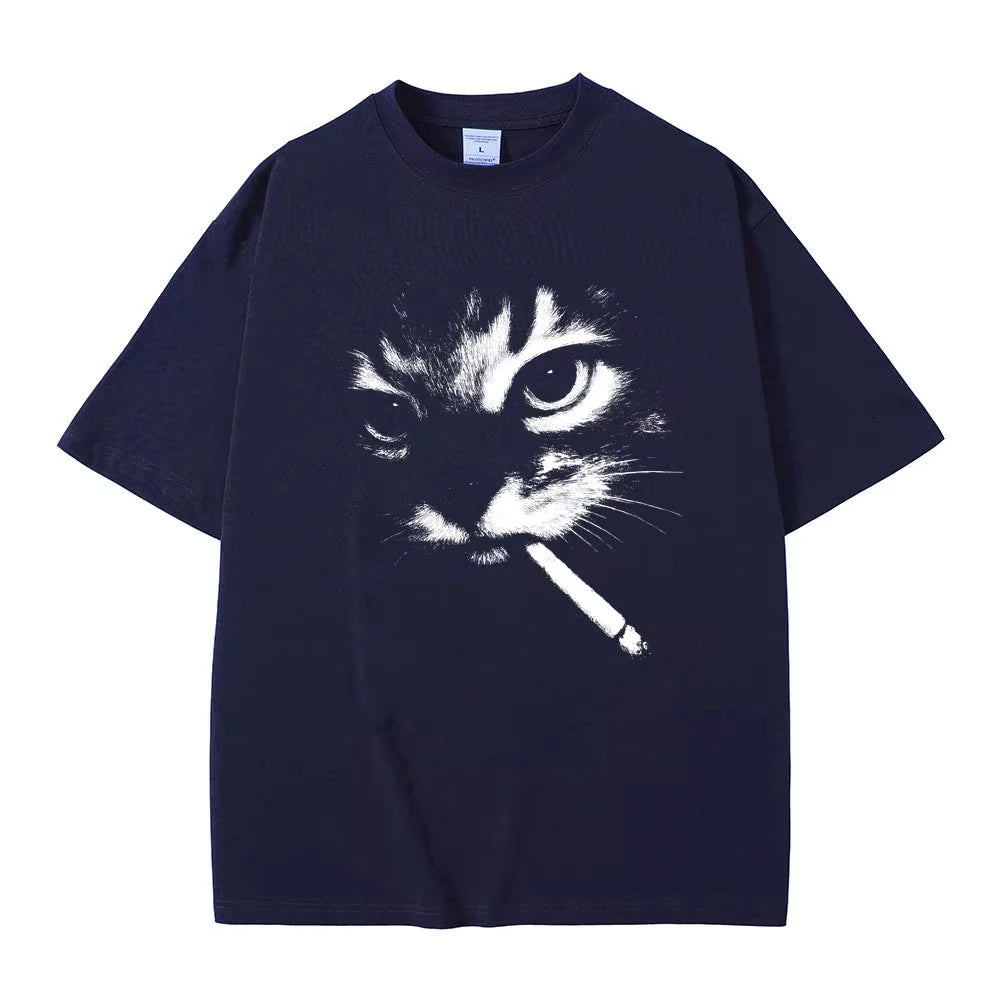 Smoking Cat Face Graphic Oversized T-shirts