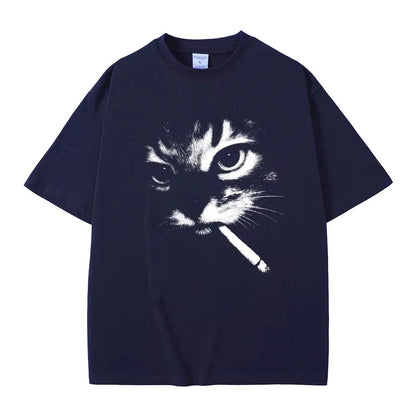 Smoking Cat Face Graphic Oversized T-shirts