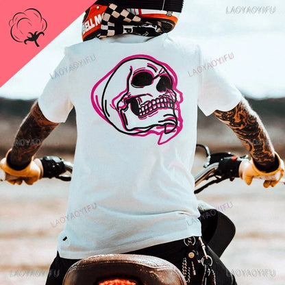 Cool Biker Drinking Beer Skull Graphic Cotton Tshirts