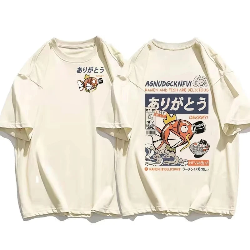 Japanese Streetwear Koi Fish Soy Sauce Print Casual T-shirt