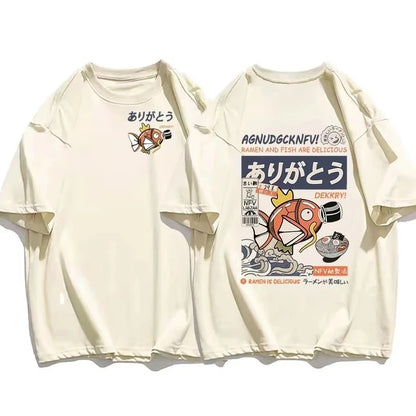 Japanese Streetwear Koi Fish Soy Sauce Print Casual T-shirt