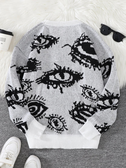 New Popular Abstract Eye Jacquard Pattern Pullover Sweater