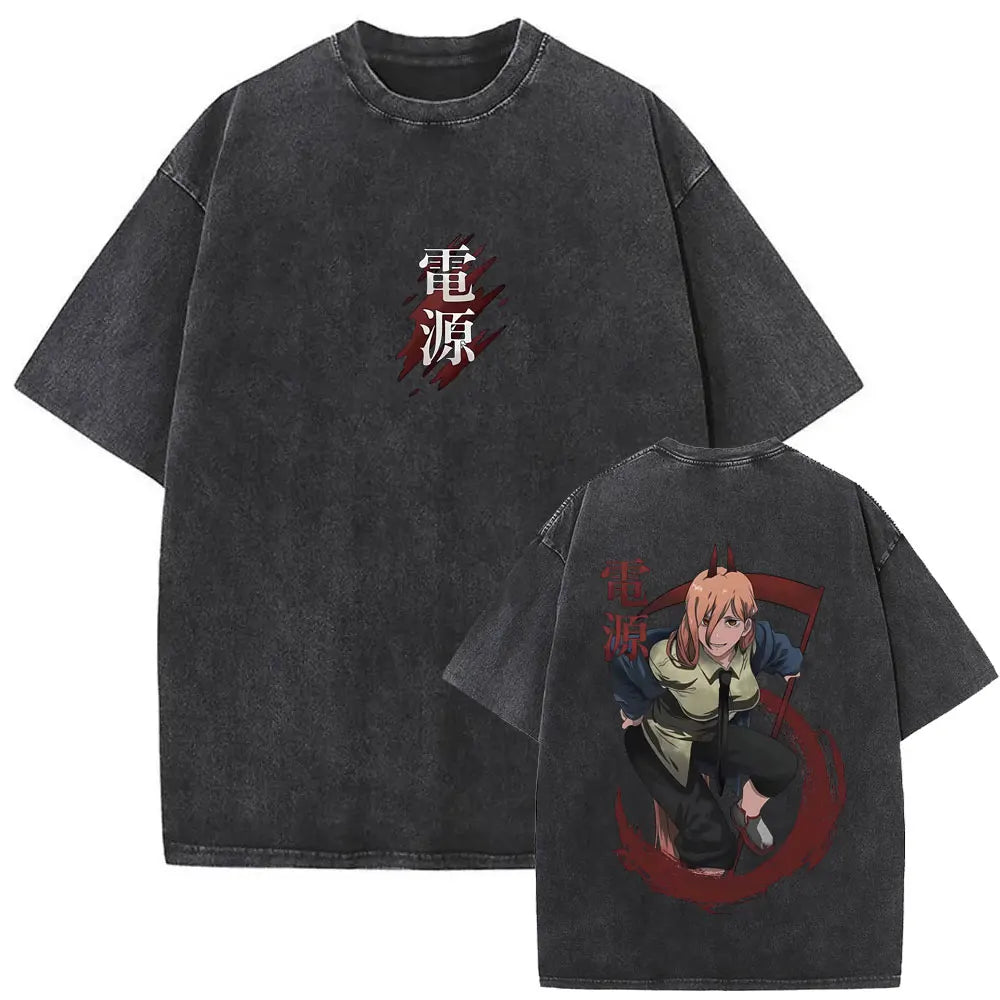 Anime Chainsaw Retro T-shirt Cartoon Denji Pochita Graphic Oversized
