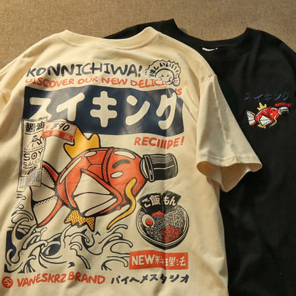 Japanese Streetwear Koi Fish Soy Sauce Print Casual T-shirt