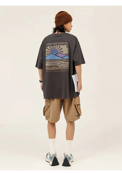 American Retro Pattern Casual Loose Cotton T-shirt