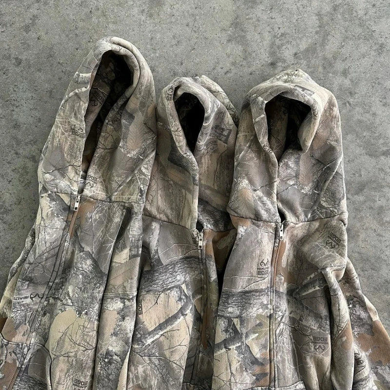Y2K Retro Zip Up Hoodie Camouflage Pattern Zipper Sweatshirt