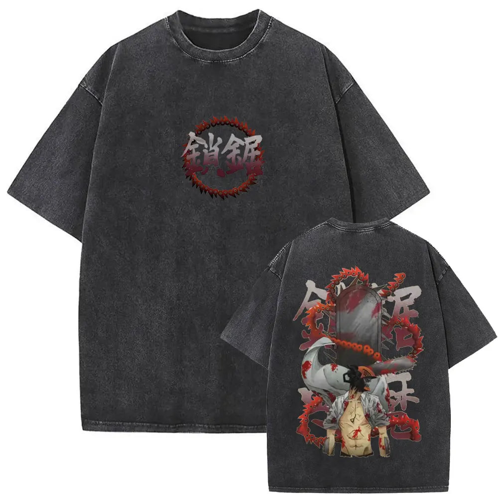 Anime Chainsaw Retro T-shirt Cartoon Denji Pochita Graphic Oversized
