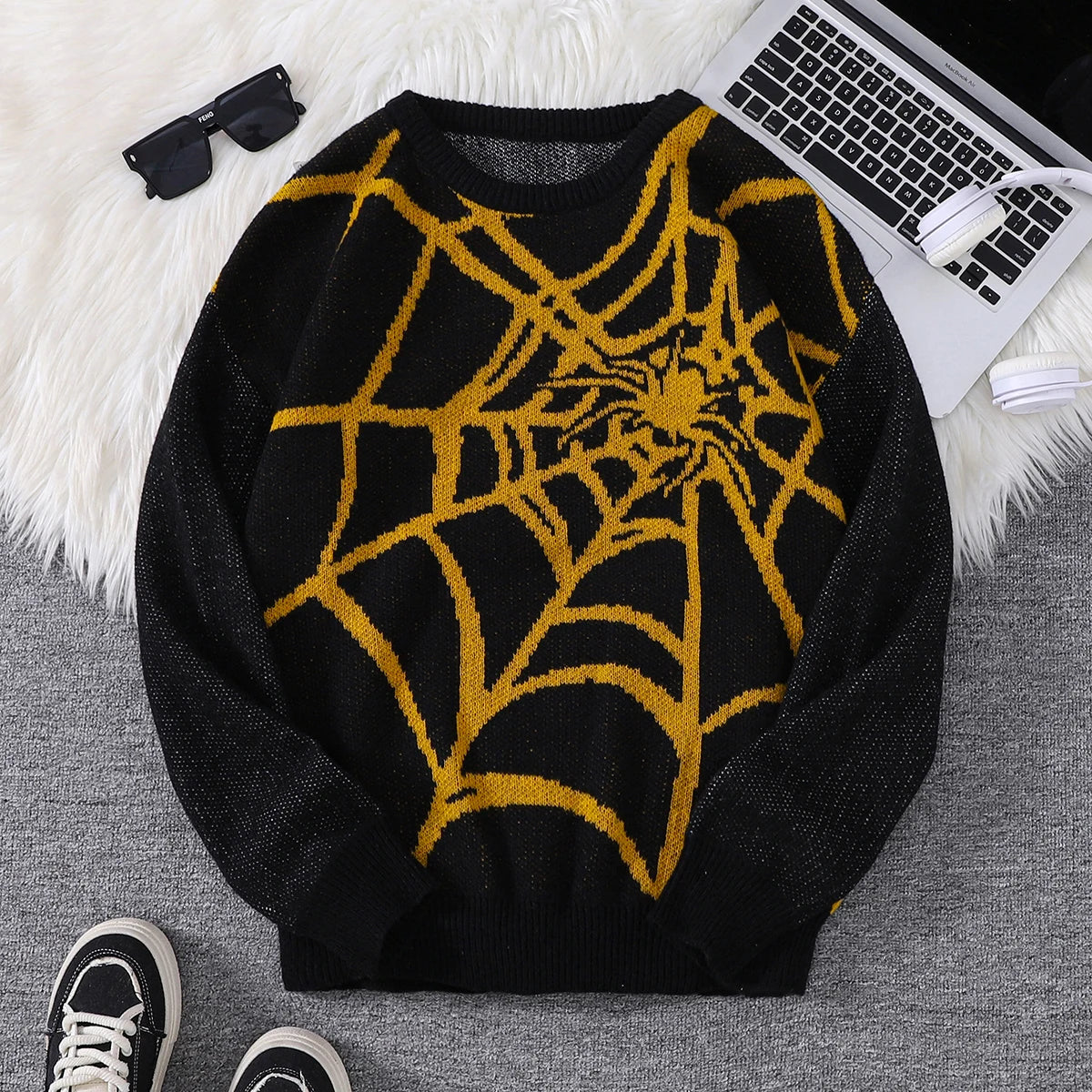 New Popular Spider Web Jacquard Pattern Pullover Sweater