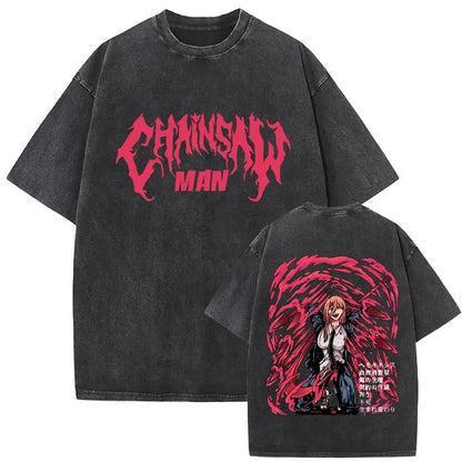Anime Chainsaw Retro T-shirt Cartoon Denji Pochita Graphic Oversized