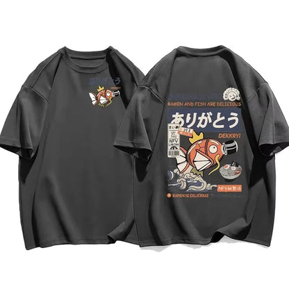 Japanese Streetwear Koi Fish Soy Sauce Print Casual T-shirt