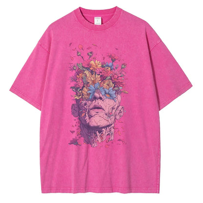 Heavyweight Cotton T Shirts Flowers Emerging Out of Human Eyes and Heads Graphic T-shirts