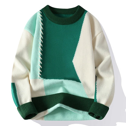\Warm Knitted Sweaters Patchwork O Neck Knit Pullovers