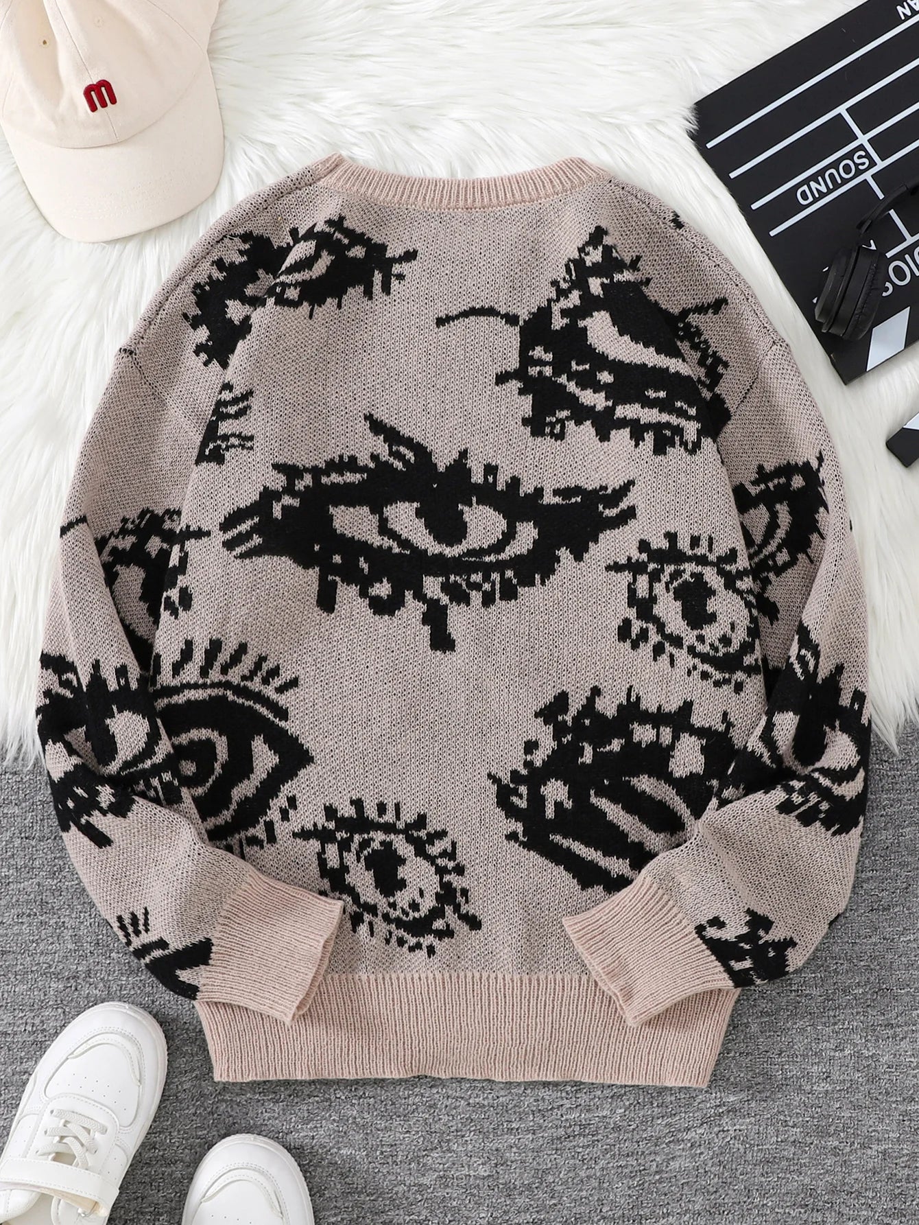 New Popular Abstract Eye Jacquard Pattern Pullover Sweater