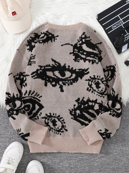 New Popular Abstract Eye Jacquard Pattern Pullover Sweater