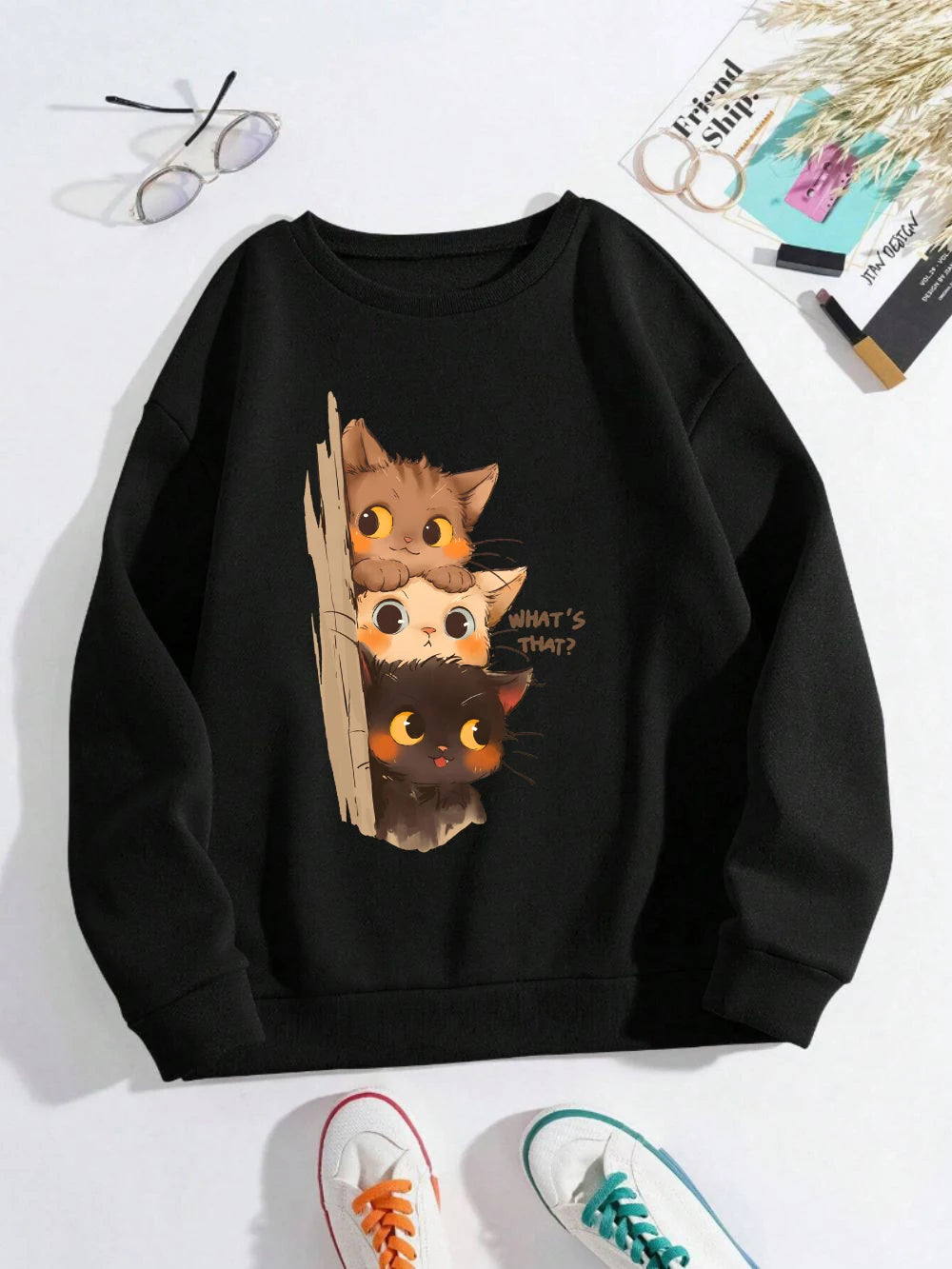 Three Little Cats Are Secretly Watching Loose Sweatshirt