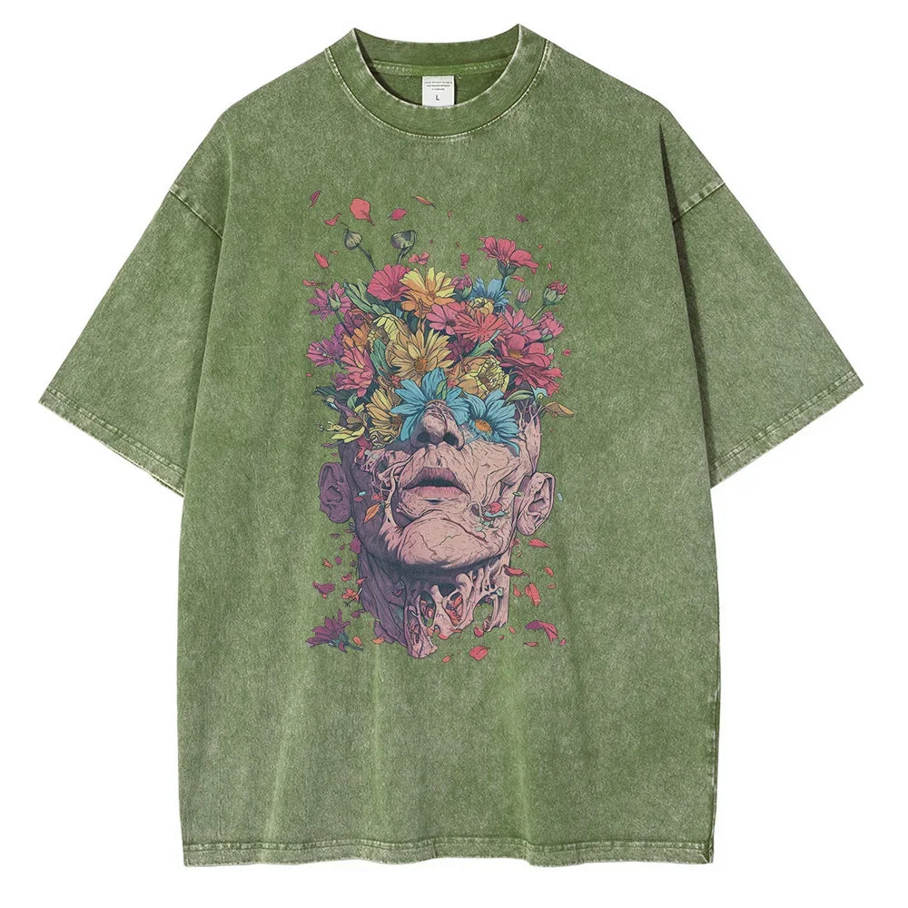 Heavyweight Cotton T Shirts Flowers Emerging Out of Human Eyes and Heads Graphic T-shirts