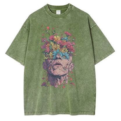 Heavyweight Cotton T Shirts Flowers Emerging Out of Human Eyes and Heads Graphic T-shirts