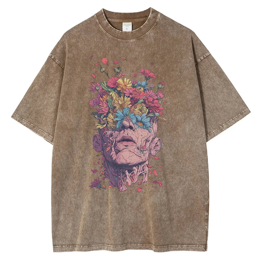 Heavyweight Cotton T Shirts Flowers Emerging Out of Human Eyes and Heads Graphic T-shirts