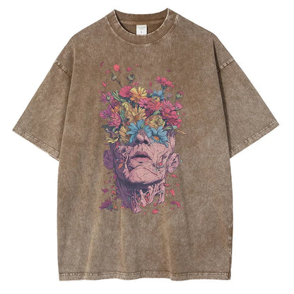 Heavyweight Cotton T Shirts Flowers Emerging Out of Human Eyes and Heads Graphic T-shirts