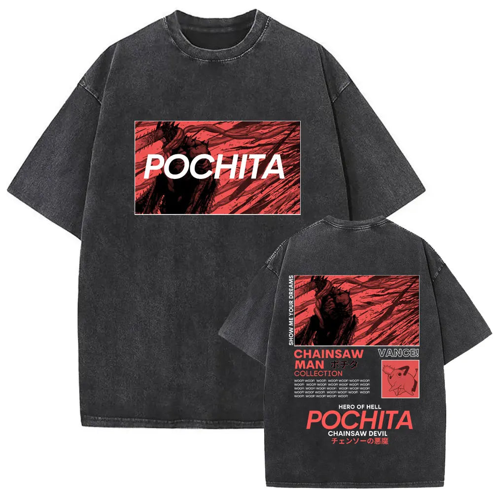 Anime Chainsaw Retro T-shirt Cartoon Denji Pochita Graphic Oversized