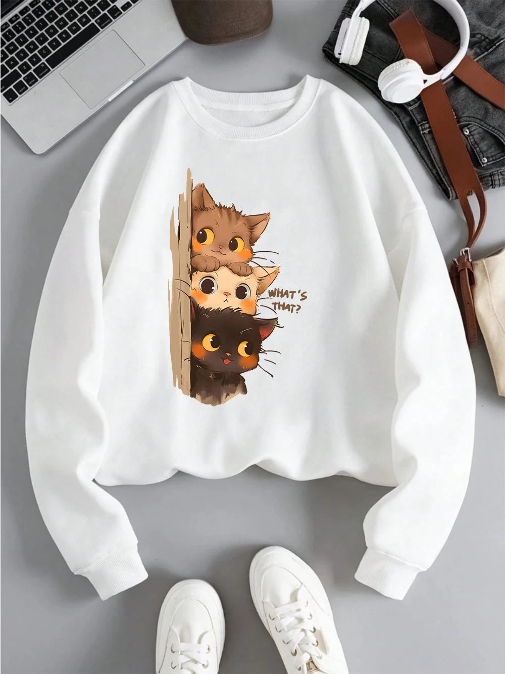 Three Little Cats Are Secretly Watching Loose Sweatshirt
