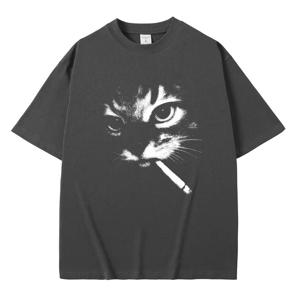 Smoking Cat Face Graphic Oversized T-shirts
