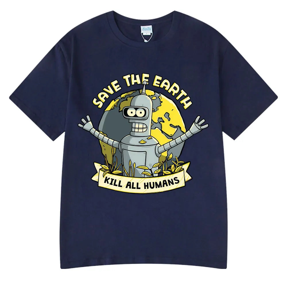 Save The Earth Kill All Humans Funny Robot Oversized Cotton T Shirt