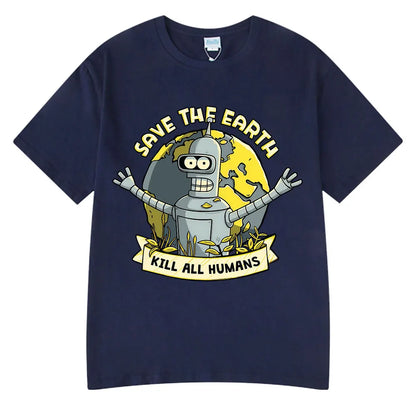 Save The Earth Kill All Humans Funny Robot Oversized Cotton T Shirt