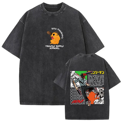 Anime Chainsaw Retro T-shirt Cartoon Denji Pochita Graphic Oversized