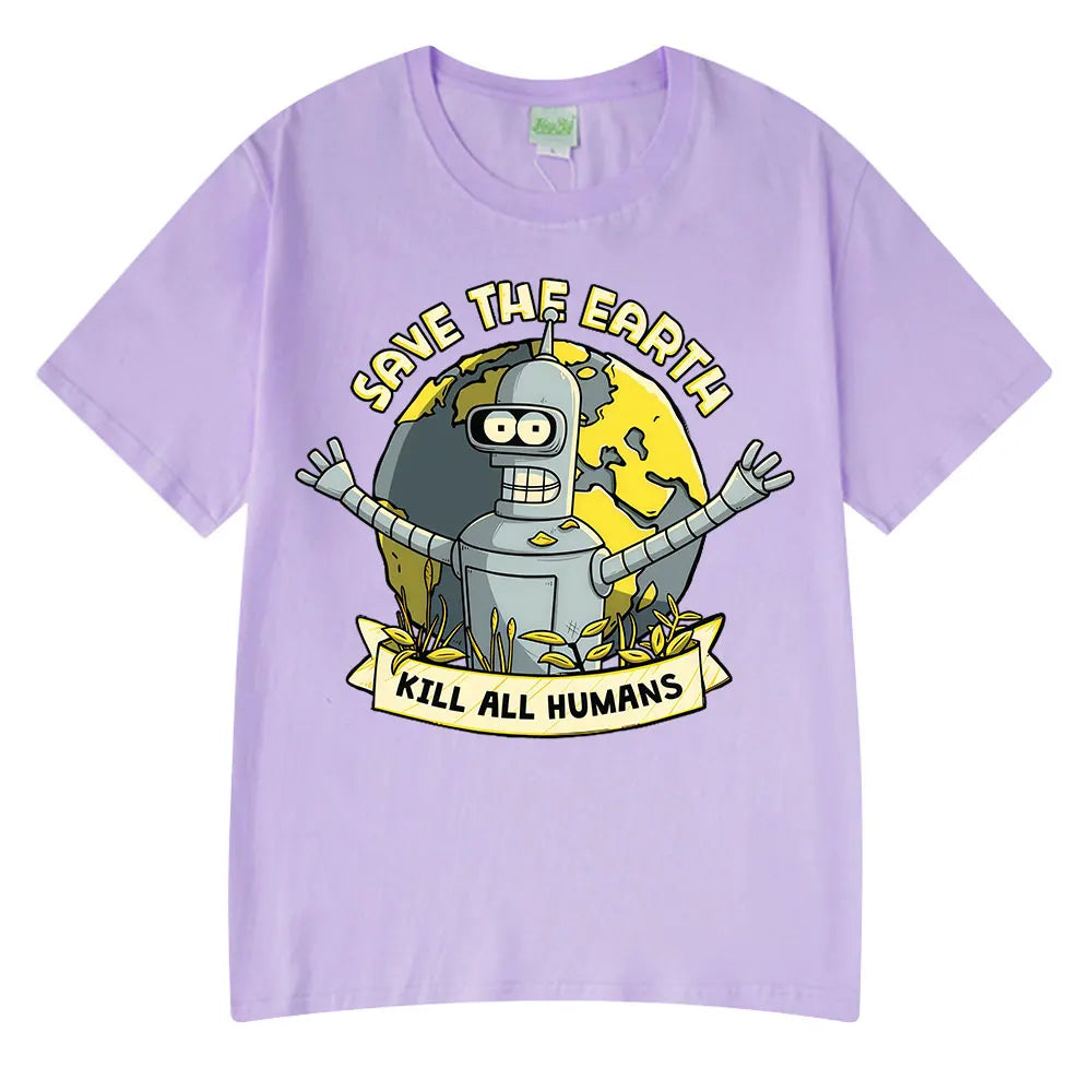 Save The Earth Kill All Humans Funny Robot Oversized Cotton T Shirt