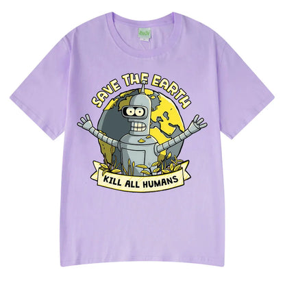 Save The Earth Kill All Humans Funny Robot Oversized Cotton T Shirt