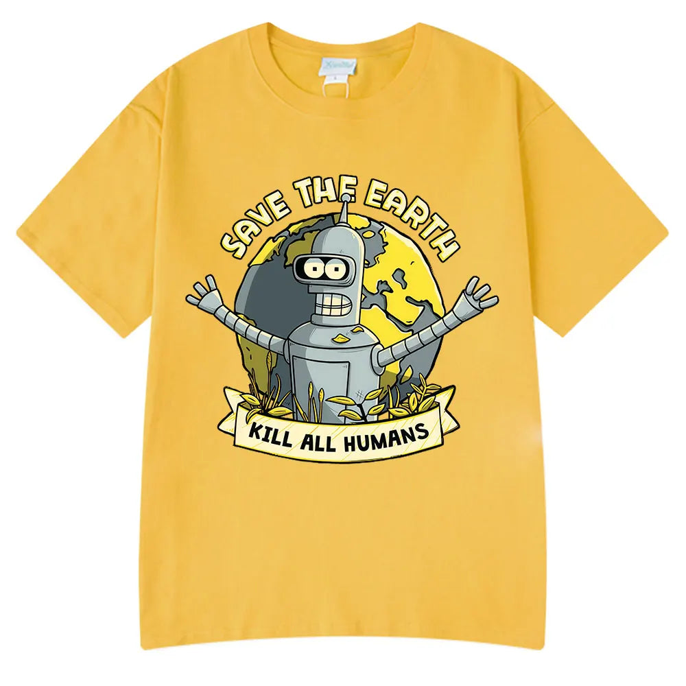 Save The Earth Kill All Humans Funny Robot Oversized Cotton T Shirt