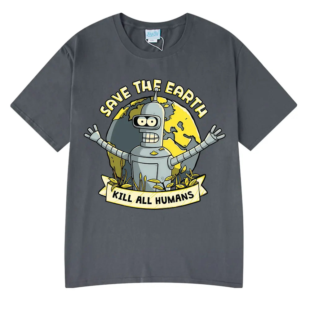 Save The Earth Kill All Humans Funny Robot Oversized Cotton T Shirt