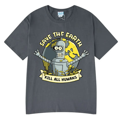 Save The Earth Kill All Humans Funny Robot Oversized Cotton T Shirt