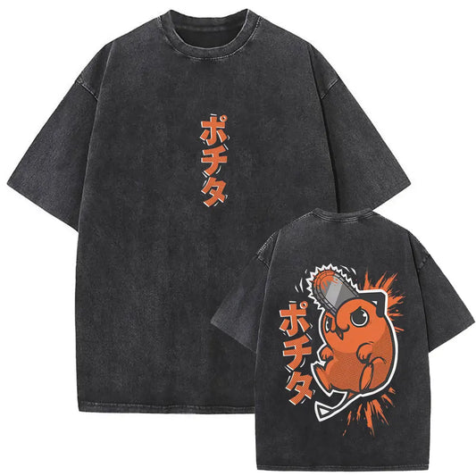 Anime Chainsaw Retro T-shirt Cartoon Denji Pochita Graphic Oversized