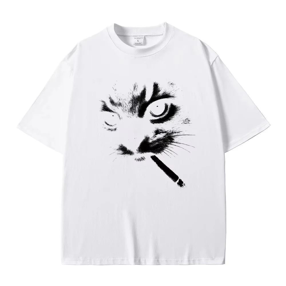 Smoking Cat Face Graphic Oversized T-shirts
