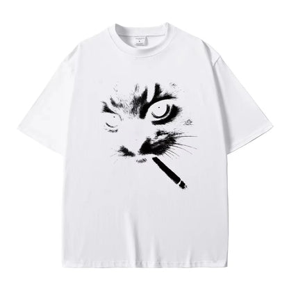 Smoking Cat Face Graphic Oversized T-shirts