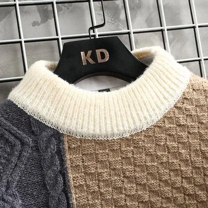 \Warm Knitted Sweaters Patchwork O Neck Knit Pullovers