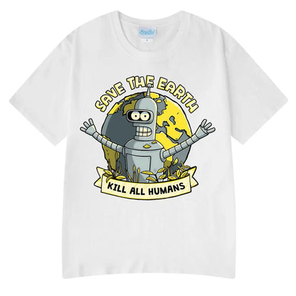 Save The Earth Kill All Humans Funny Robot Oversized Cotton T Shirt