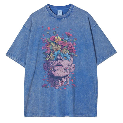 Heavyweight Cotton T Shirts Flowers Emerging Out of Human Eyes and Heads Graphic T-shirts