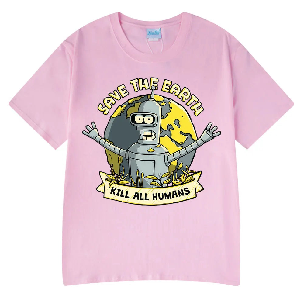 Save The Earth Kill All Humans Funny Robot Oversized Cotton T Shirt