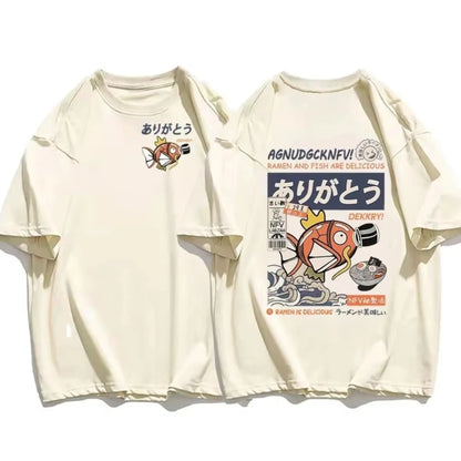 Japanese Streetwear Koi Fish Soy Sauce Print Casual T-shirt