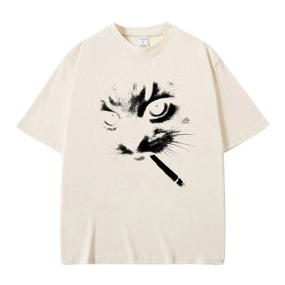 Smoking Cat Face Graphic Oversized T-shirts