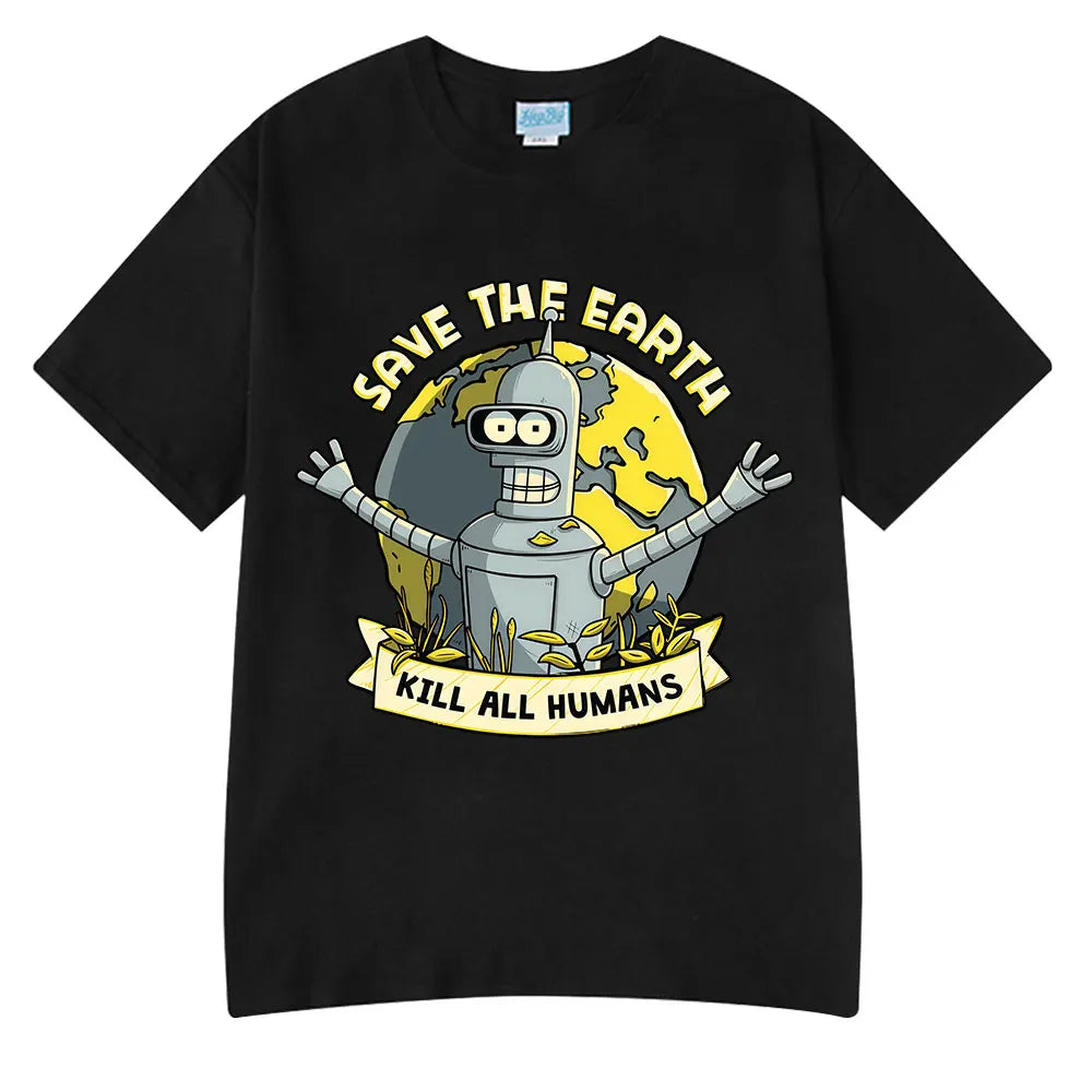 Save The Earth Kill All Humans Funny Robot Oversized Cotton T Shirt