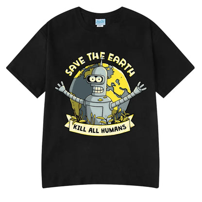 Save The Earth Kill All Humans Funny Robot Oversized Cotton T Shirt