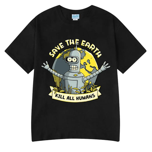 Save The Earth Kill All Humans Funny Robot Oversized Cotton T Shirt
